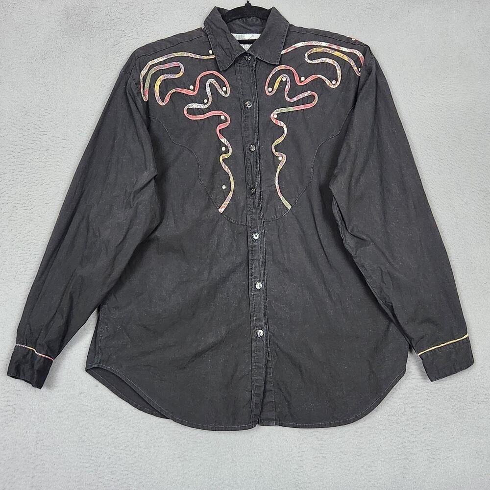 Mine & Bills Shirt Womens Medium Black Western Studded Glitter Button Applique